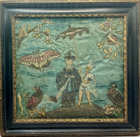 Fascinating Indian Queen raised work embroidery with colonial theme, circa 1690